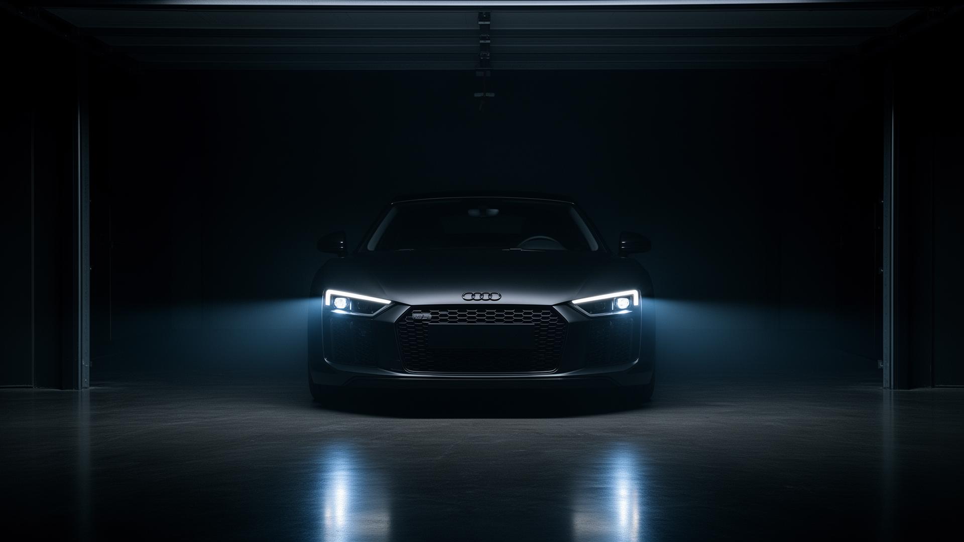 Black Audi R8 with headlights on inside a dark luxury garage